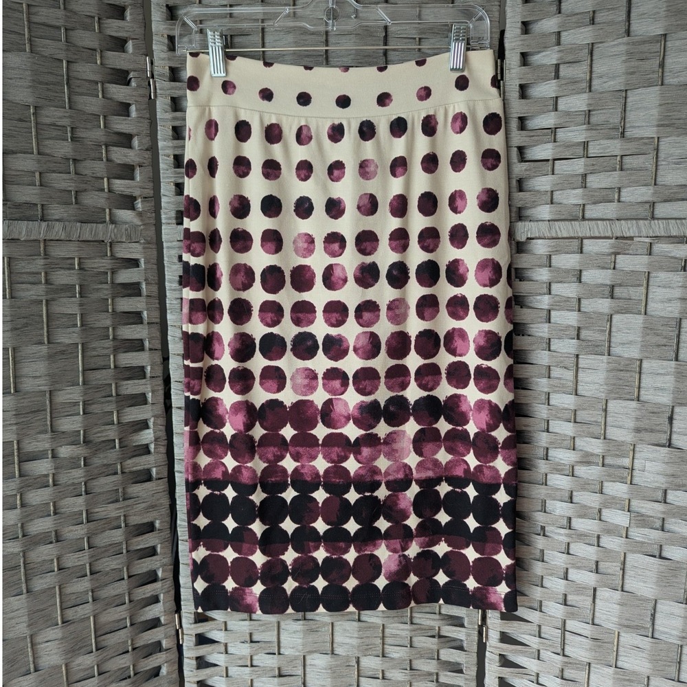 Pull On Pencil Skirt Cream Purple Polka Dot Stretch Bodycon Mod Office Comfy M